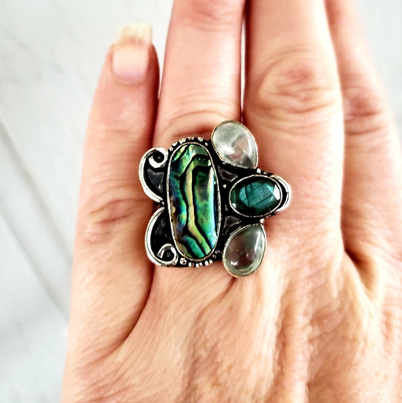 New Abalone Shell, Labradorite and Agate 925 Silver Ring. - Picture 2 of 8
